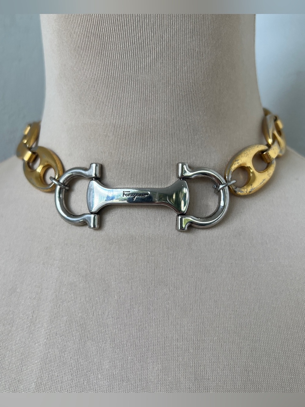 Vintage Ferragamo x Junk You! Rescued Two-tone Gucci Link Choker Necklace 15”